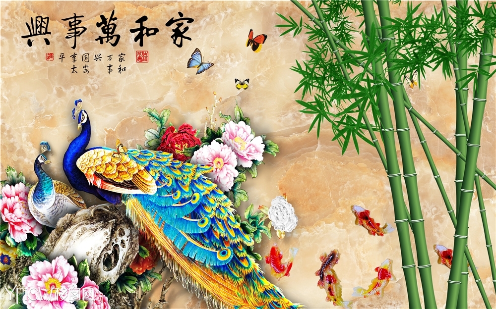 高清喷绘大型壁画 电视背景墙 移门 3d 5d ph-084 凤凰 孔雀 竹子