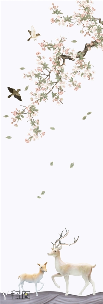 麋鹿 海棠花 鸟